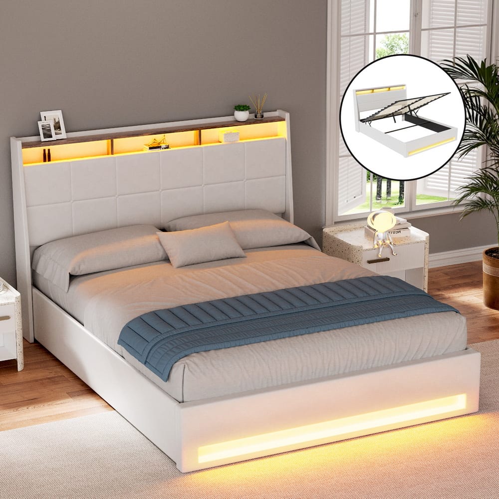 Double Bed Frame White Leather Storage 202x149x113cm