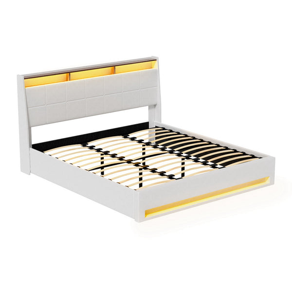  Bed Frame Gas Lift Led Beds Base Platform White Pvc Leather Storage