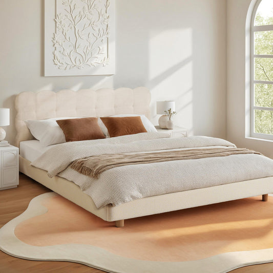 Double Bed Frame Cloud Headboard Boucle Fabric Mattress Platform