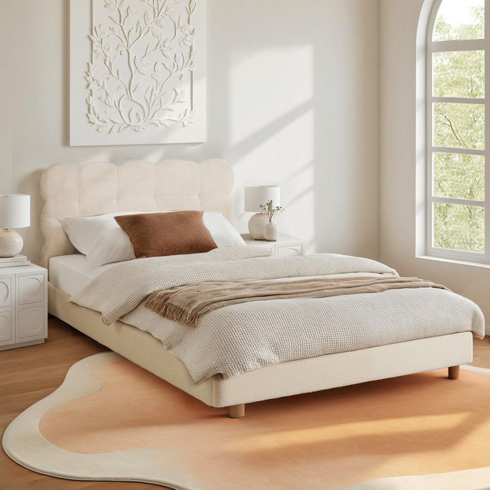 King Single Bed Frame Cloud Headboard Boucle Fabric Mattress
