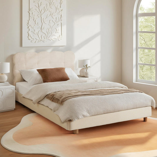 King Single Bed Frame Cloud Headboard Boucle Fabric Mattress - 7