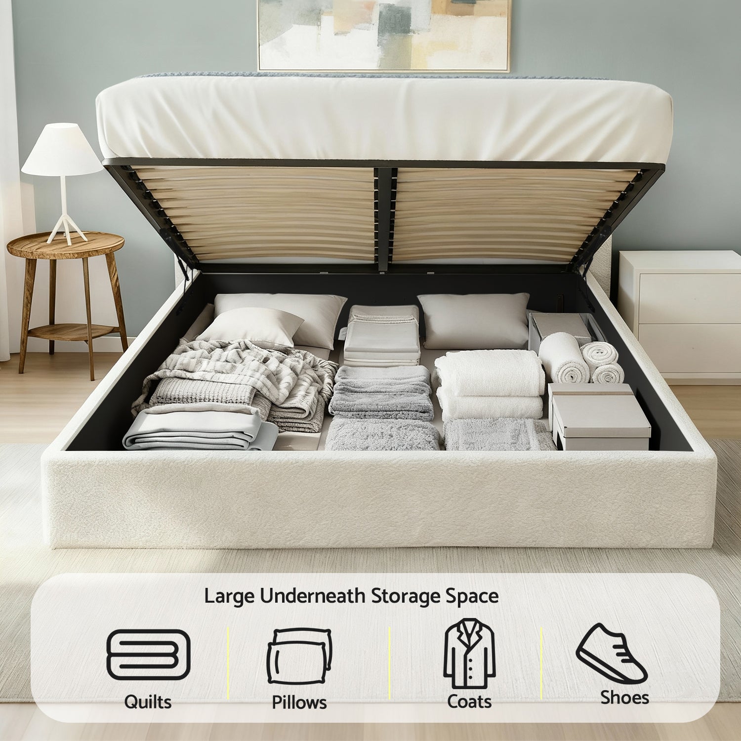 Queen Bed Frame With Gaslift Storage Wooden Platform Mattress Base