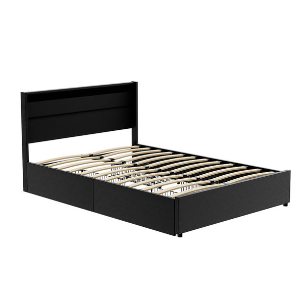  Bed Frame Double/Queen Size Led With 4 Drawers Black Dunn