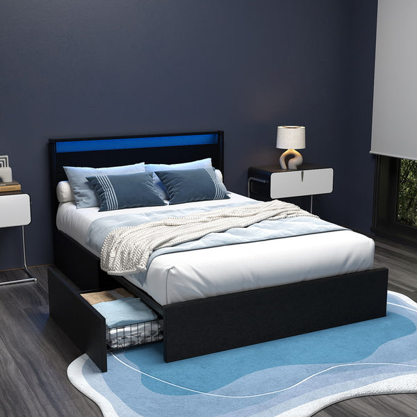  Bed Frame Double/Queen Size Led With 4 Drawers Black Dunn