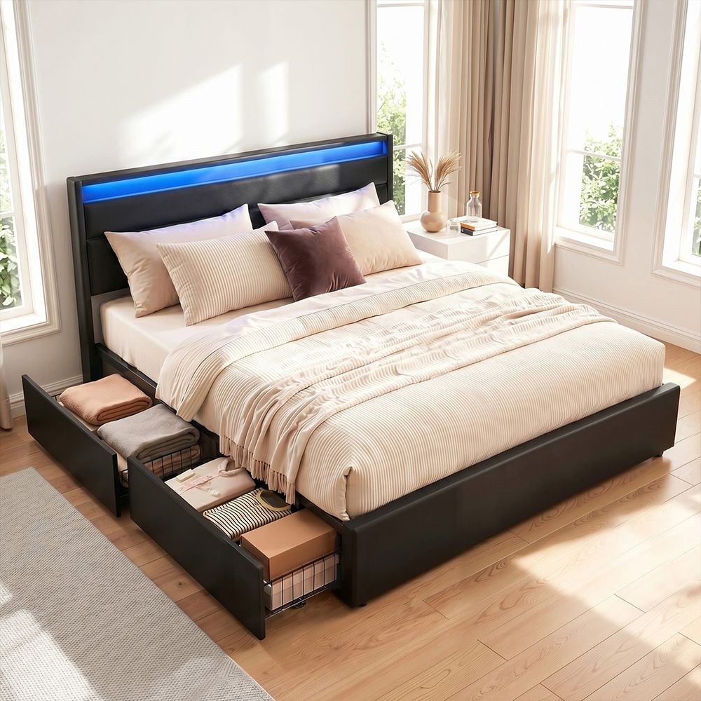 Bed Frame Double/Queen Size Led With 4 Drawers Black Dunn