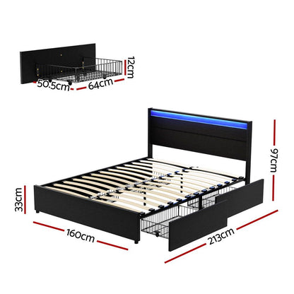 Bed Frame Double/Queen Size Led With 4 Drawers Black Dunn