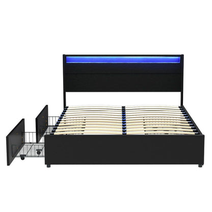 Bed Frame Double/Queen Size Led With 4 Drawers Black Dunn