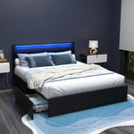 Bed Frame Double/Queen Size Led With 4 Drawers Black Dunn