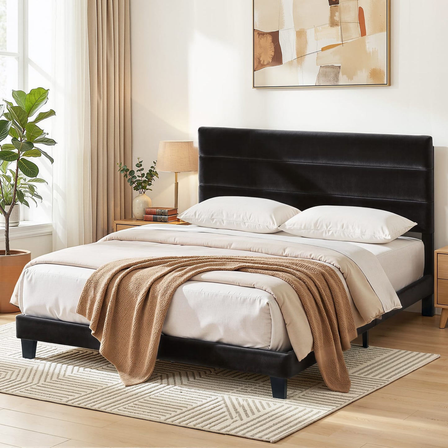 King Bed Frame Velvet Upholstered