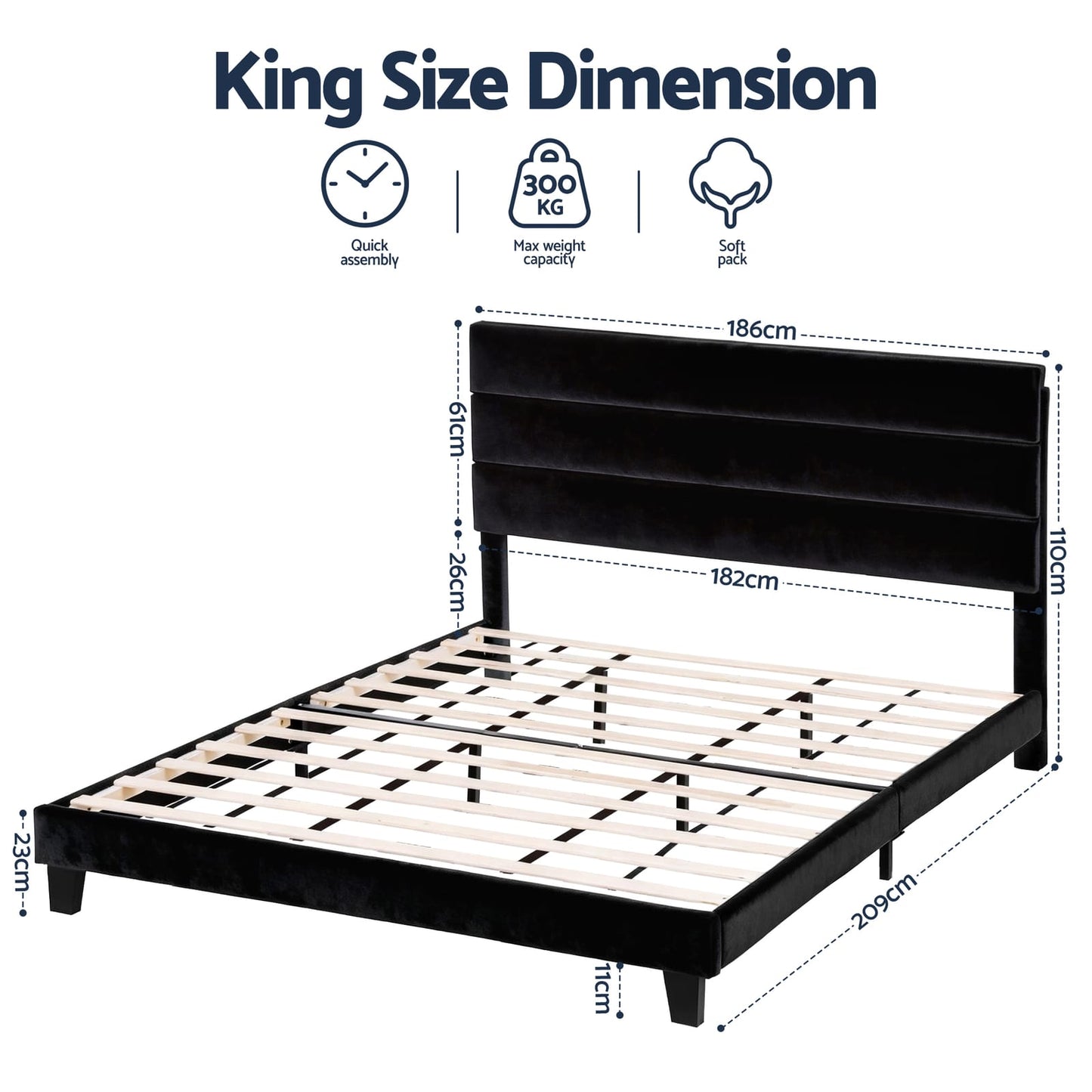 King Bed Frame Velvet Upholstered