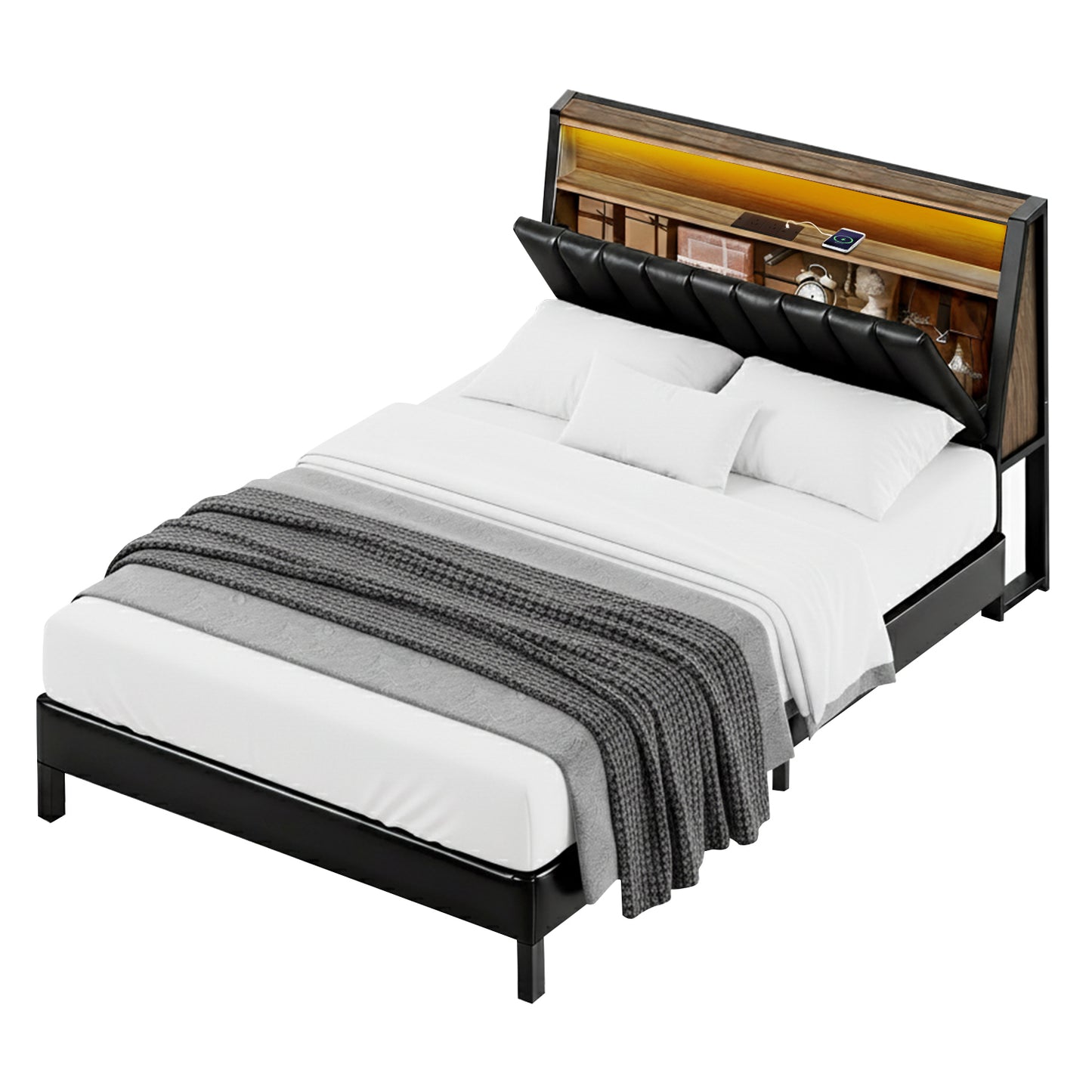 Double Bed Frame Led Storage Headboard With Charging Station Black