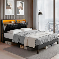 Double Bed Frame Led Storage Headboard With Charging Station Black
