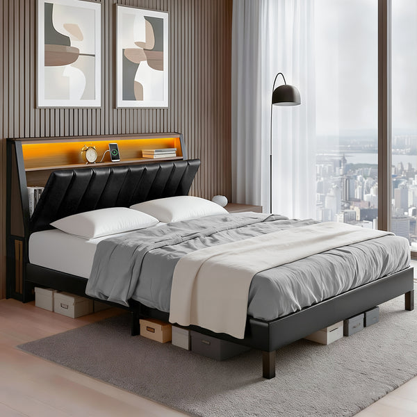  Double Bed Frame Led Storage Headboard With Charging Station Black
