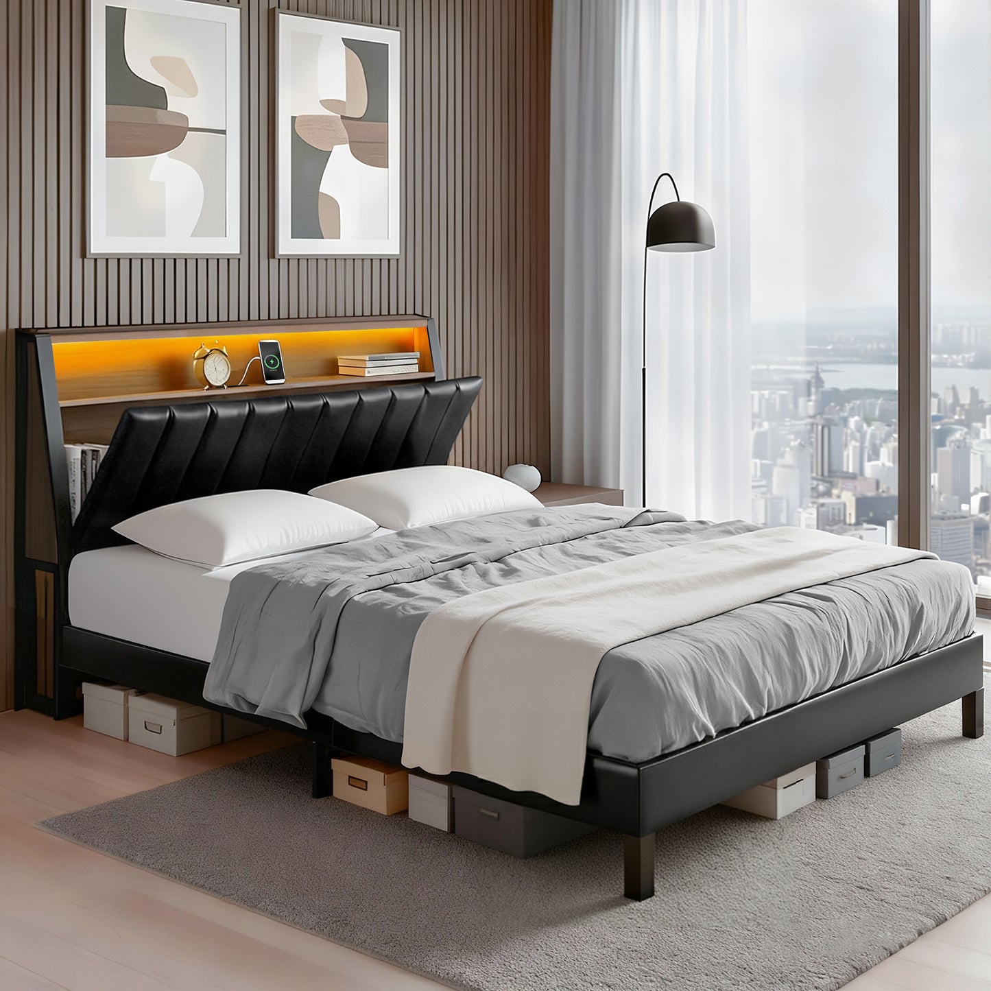 Queen Bed Frame Led Storage Headboard With Charging Station Black