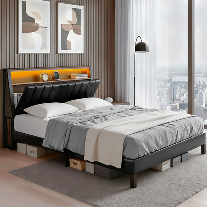 Queen Bed Frame Led Storage Headboard With Charging Station Black