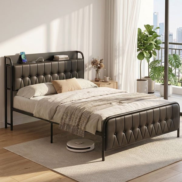  Double Bed Frame Storage Headboard Charging Station | HomeAn