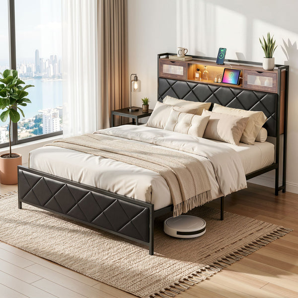  Double Bed Frame LED Lights USB Charging | HomeAndLiving