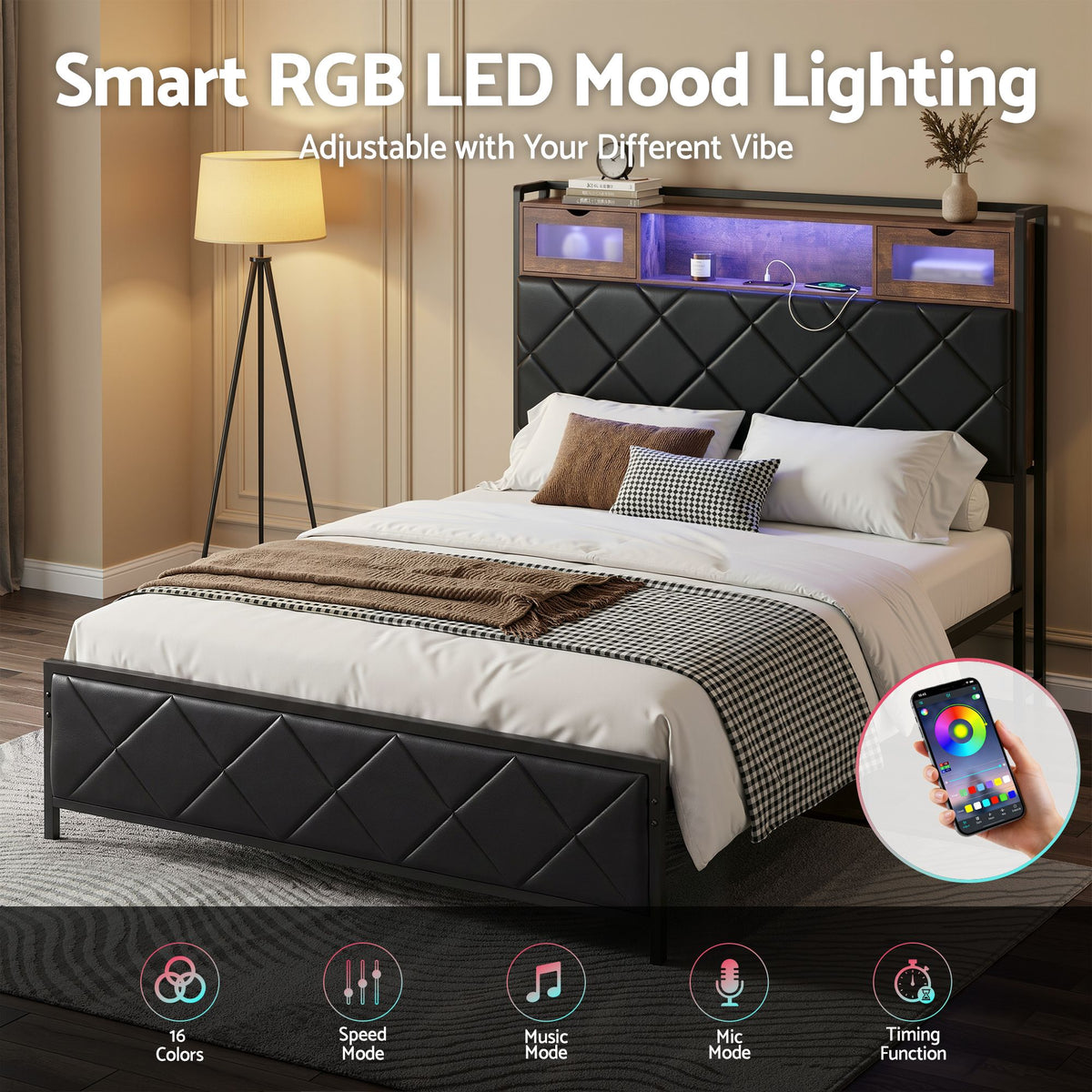 Double Bed Frame LED Lights USB Charging | HomeAndLiving - 7