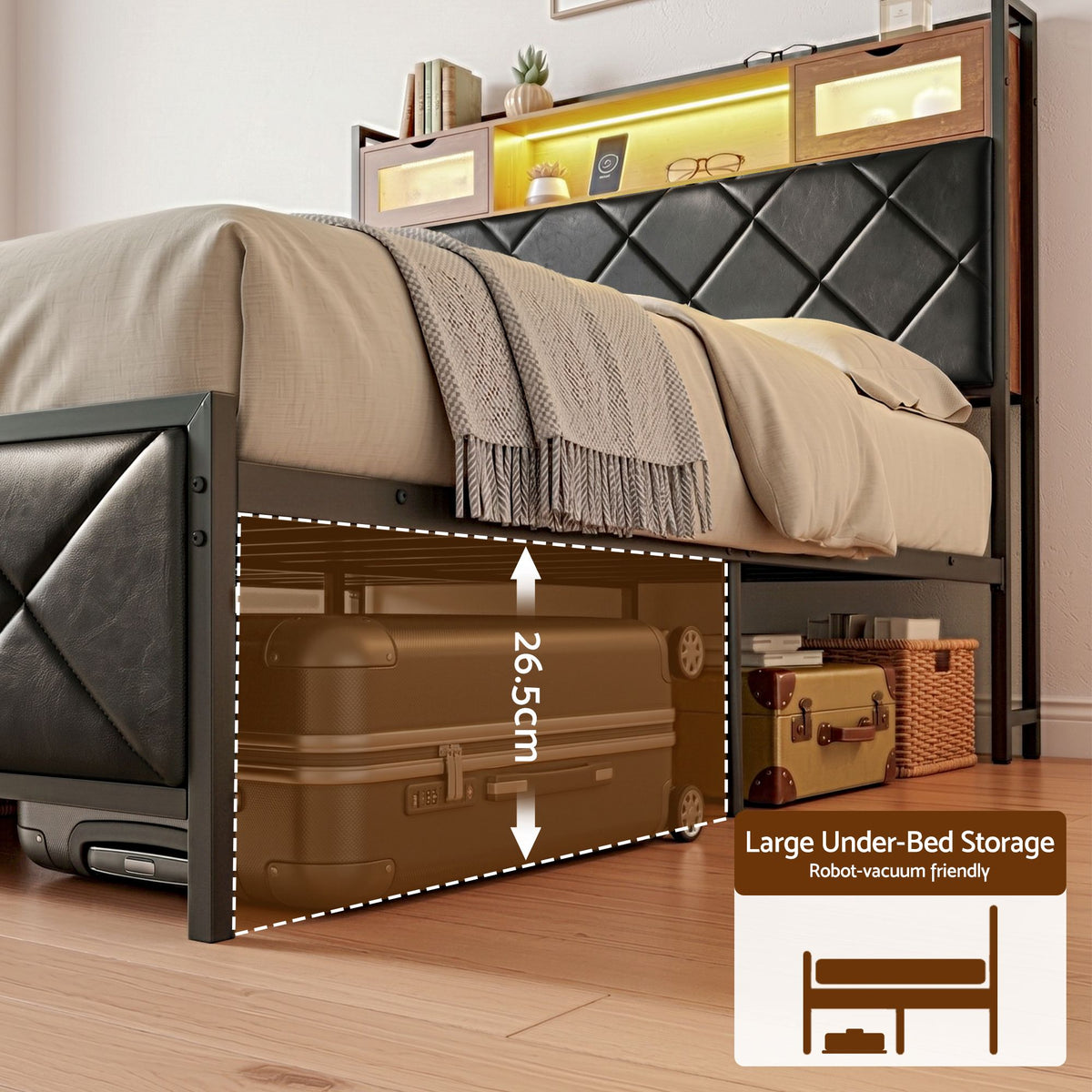 Double Bed Frame LED Lights USB Charging | HomeAndLiving - 8