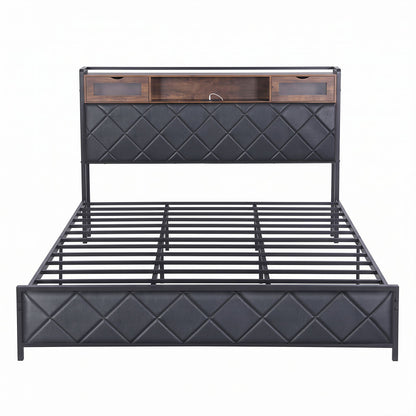King Bed Frame LED Lights Storage Headboard | HomeAndLiving - 3