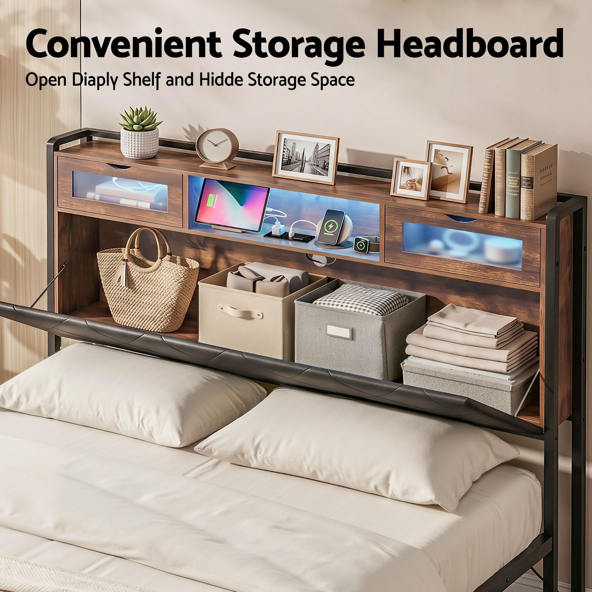 King Bed Frame LED Lights Storage Headboard | HomeAndLiving - 5