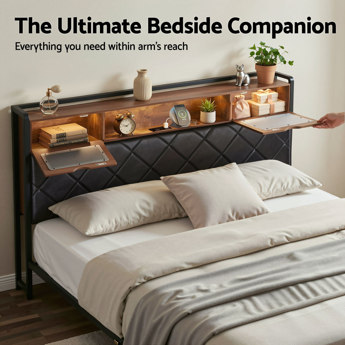King Bed Frame LED Lights Storage Headboard | HomeAndLiving - 6