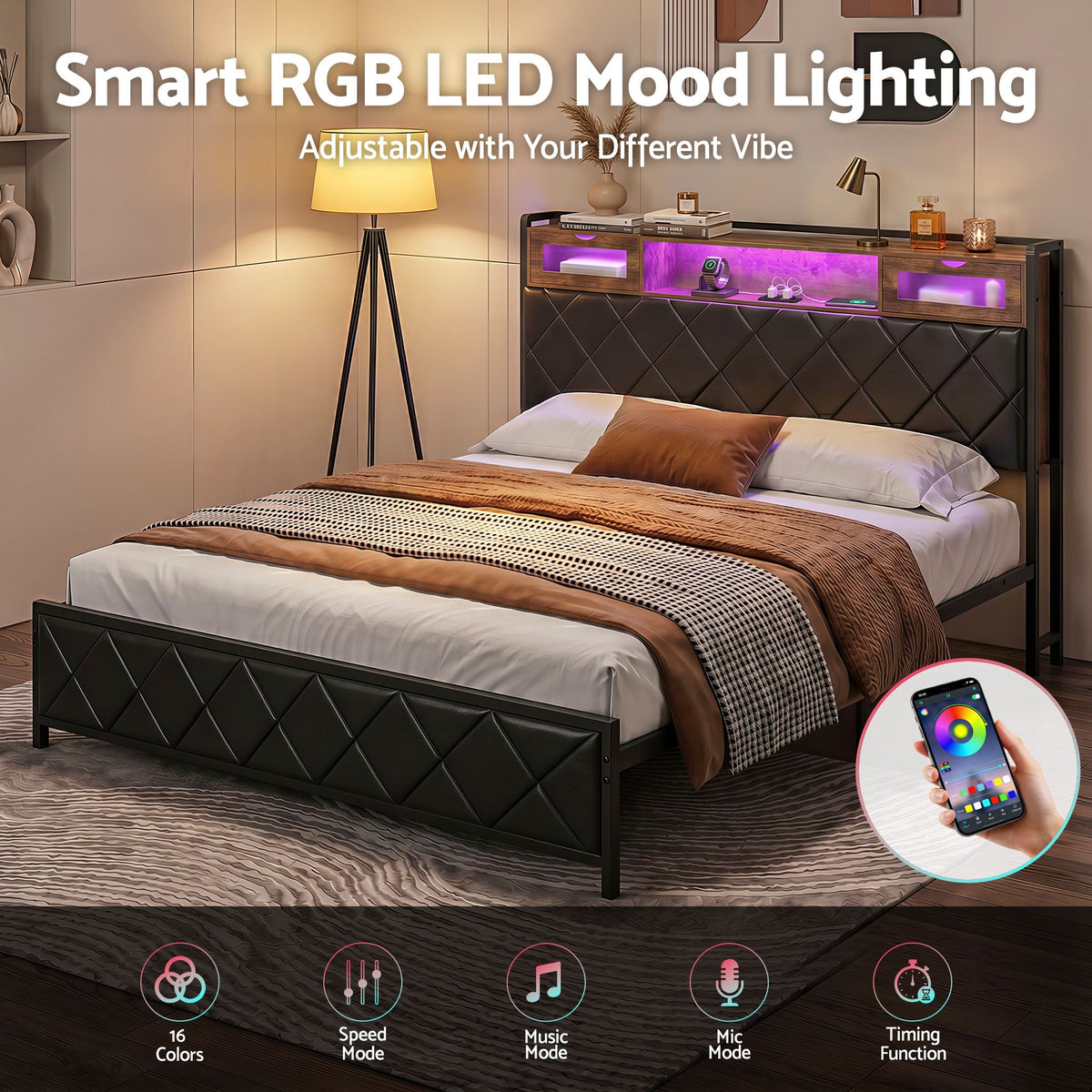 King Bed Frame LED Lights Storage Headboard | HomeAndLiving - 7