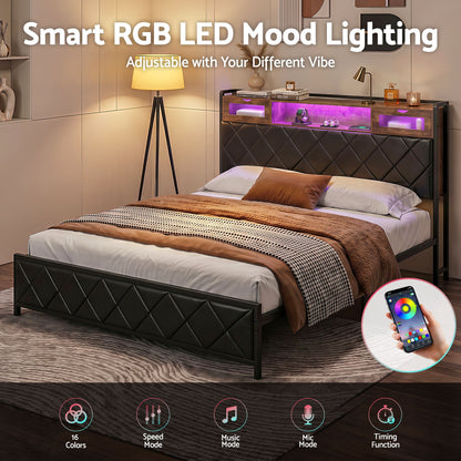 King Bed Frame LED Lights Storage Headboard | HomeAndLiving - 7