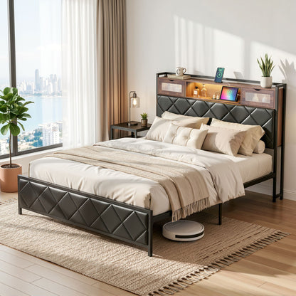 Queen Bed Frame LED Lights Storage Headboard | HomeAndLiving