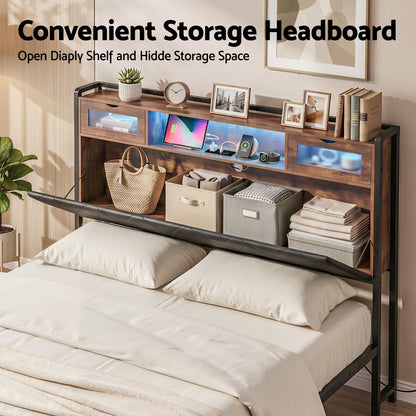 Queen Bed Frame LED Lights Storage Headboard | HomeAndLiving