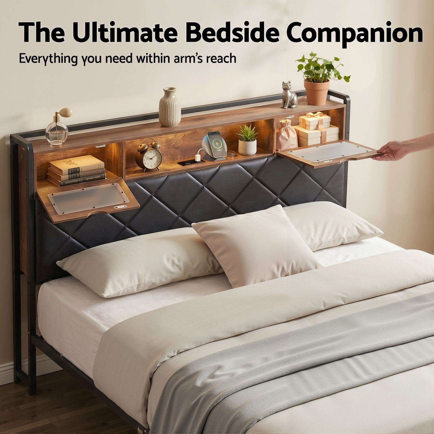 Queen Bed Frame LED Lights Storage Headboard | HomeAndLiving
