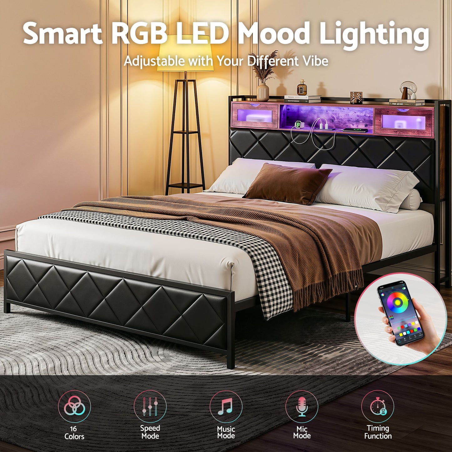 Queen Bed Frame LED Lights Storage Headboard | HomeAndLiving