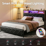 Queen Bed Frame LED Lights Storage Headboard | HomeAndLiving