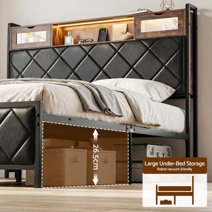 Queen Bed Frame LED Lights Storage Headboard | HomeAndLiving