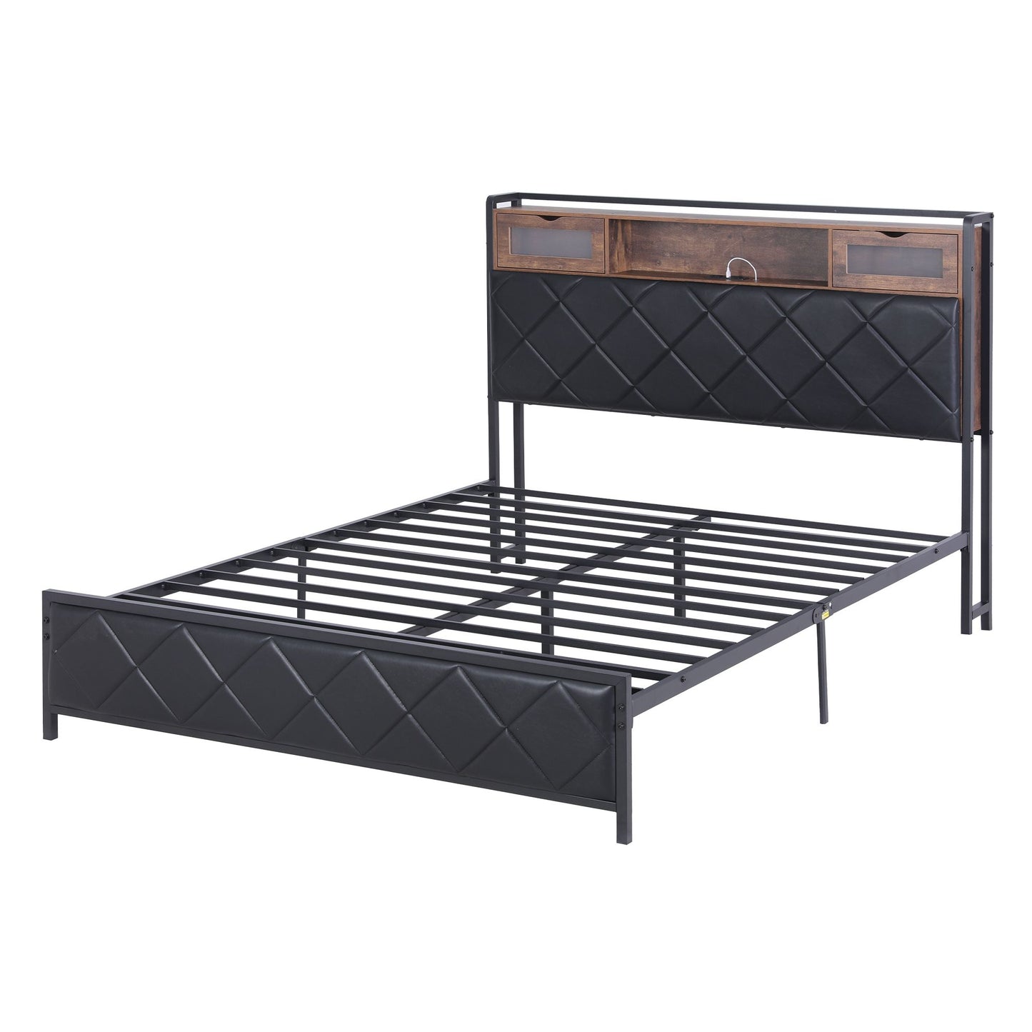 Queen Bed Frame LED Lights Storage Headboard | HomeAndLiving