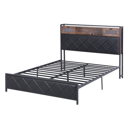 Queen Bed Frame LED Lights Storage Headboard | HomeAndLiving