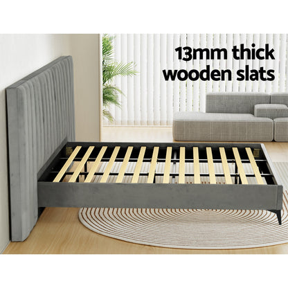 Velvet Fabric Grey Bed Frame with Oversized Headboard