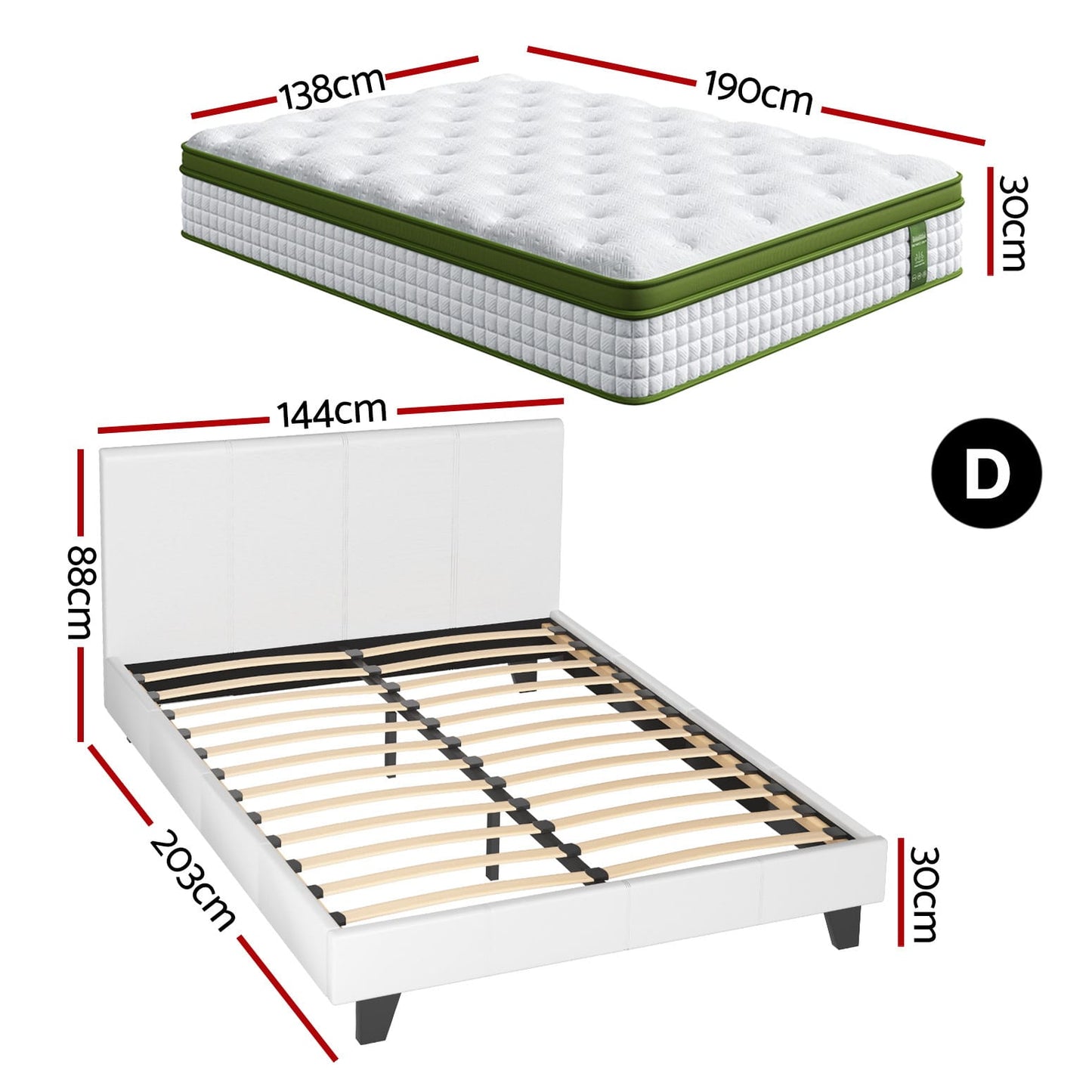 Double Bed Frame White Leather 203x144x88cm