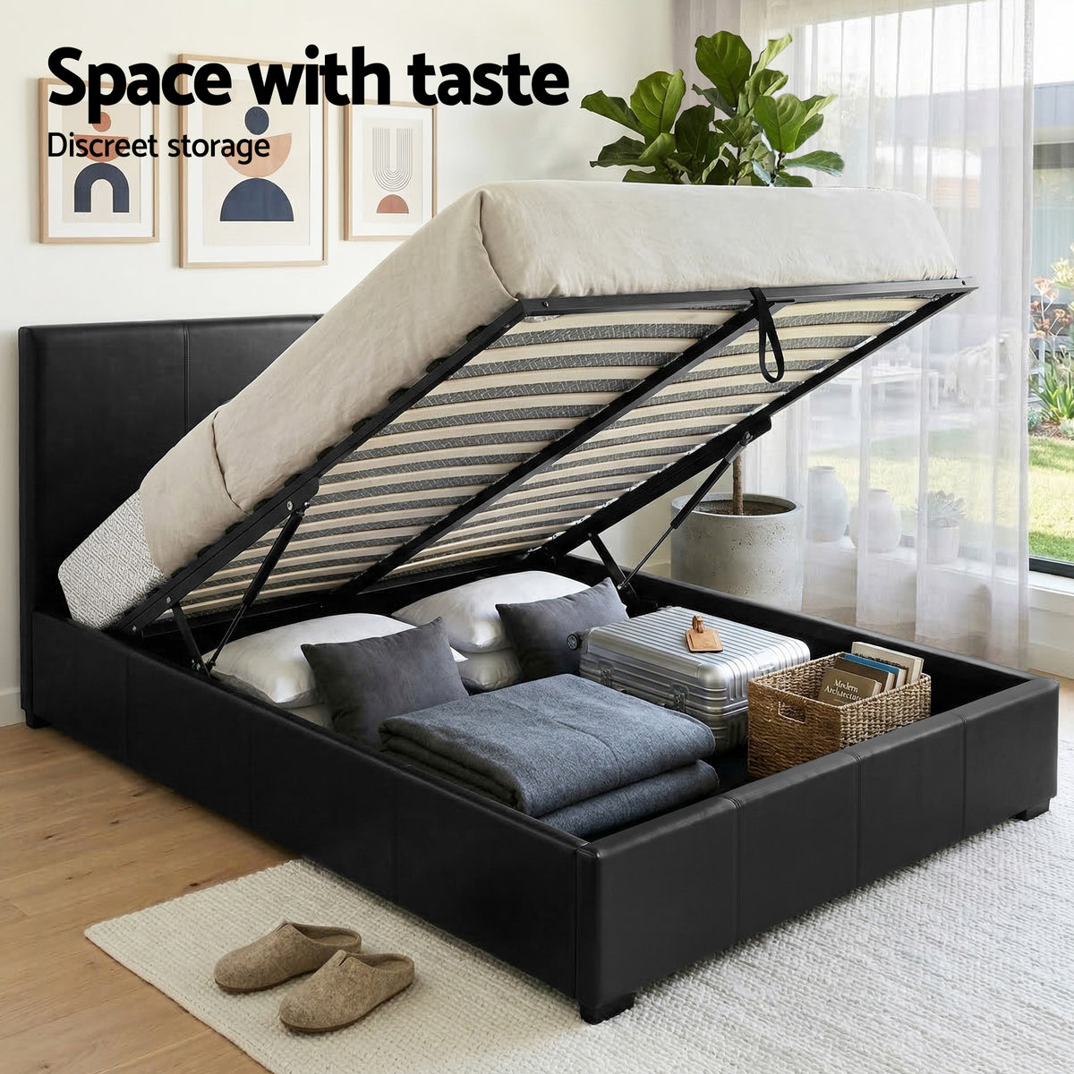 Gas Lift Queen Bed Frame Bedside Table Set | HomeAndLiving - 4