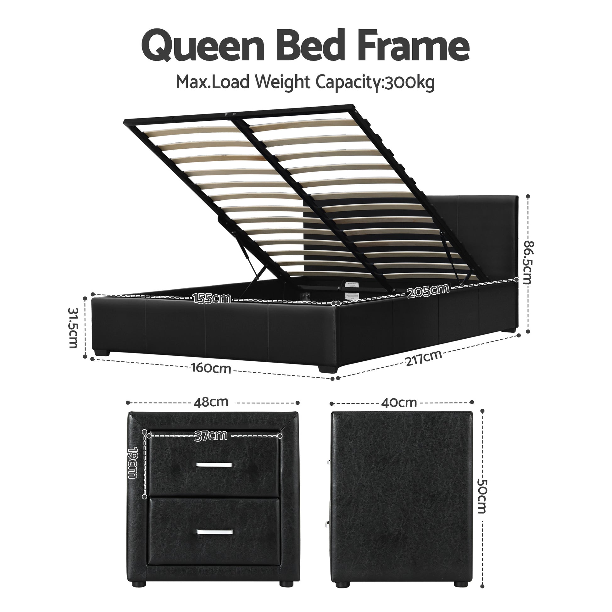 Queen Gas Lift Bed Frame Bedside Tables Set | HomeAndLiving - 2