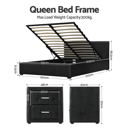 Queen Gas Lift Bed Frame Bedside Tables Set | HomeAndLiving - 2
