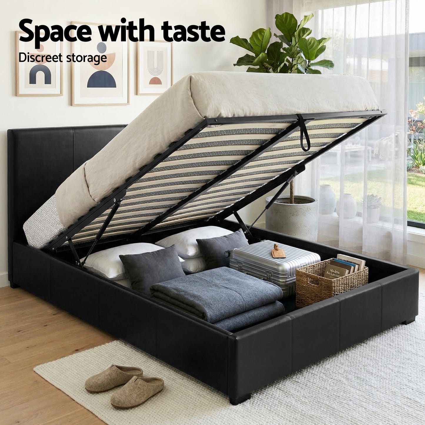 Queen Gas Lift Bed Frame Bedside Tables Set | HomeAndLiving - 4