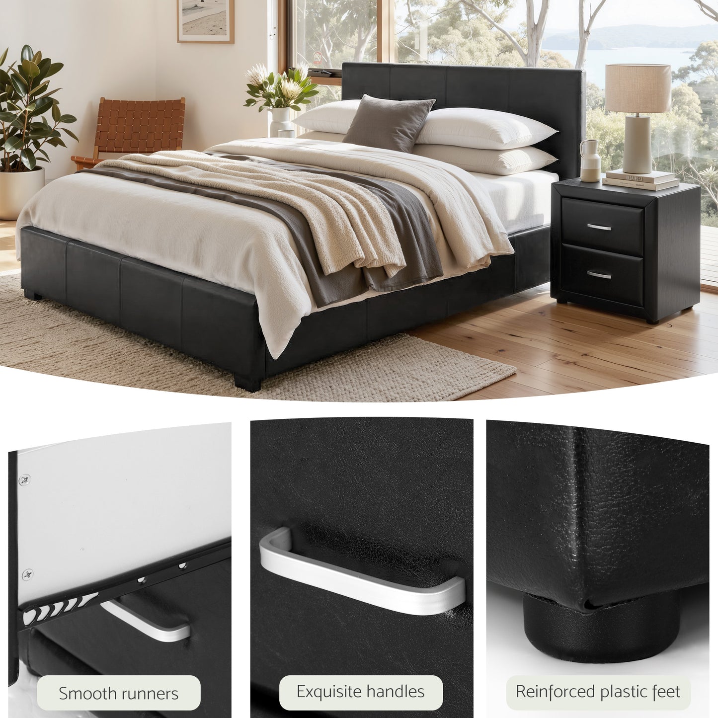 Queen Gas Lift Bed Frame Bedside Tables Set | HomeAndLiving - 9