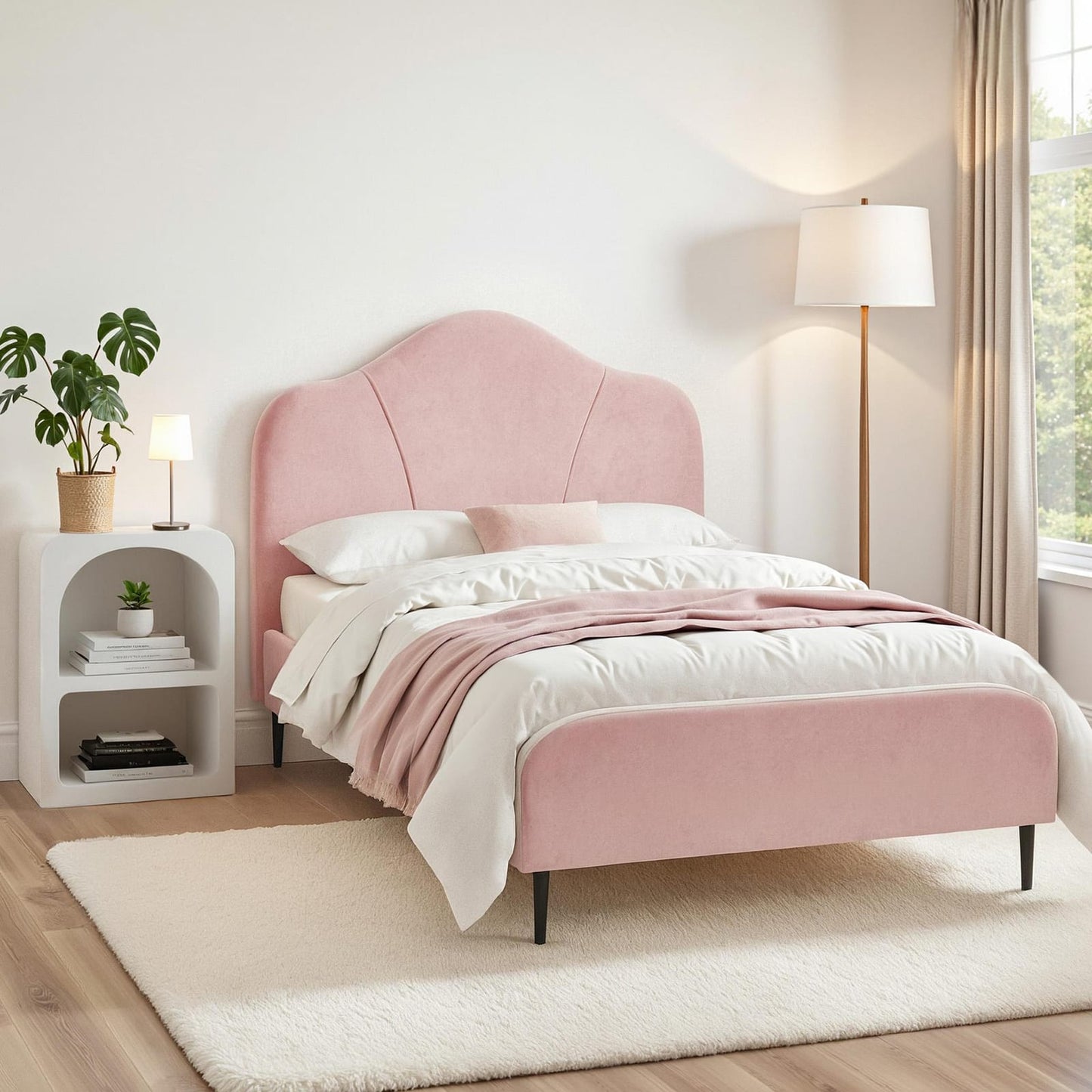 King Single Storage Bed Velvet Pink 107x203cm