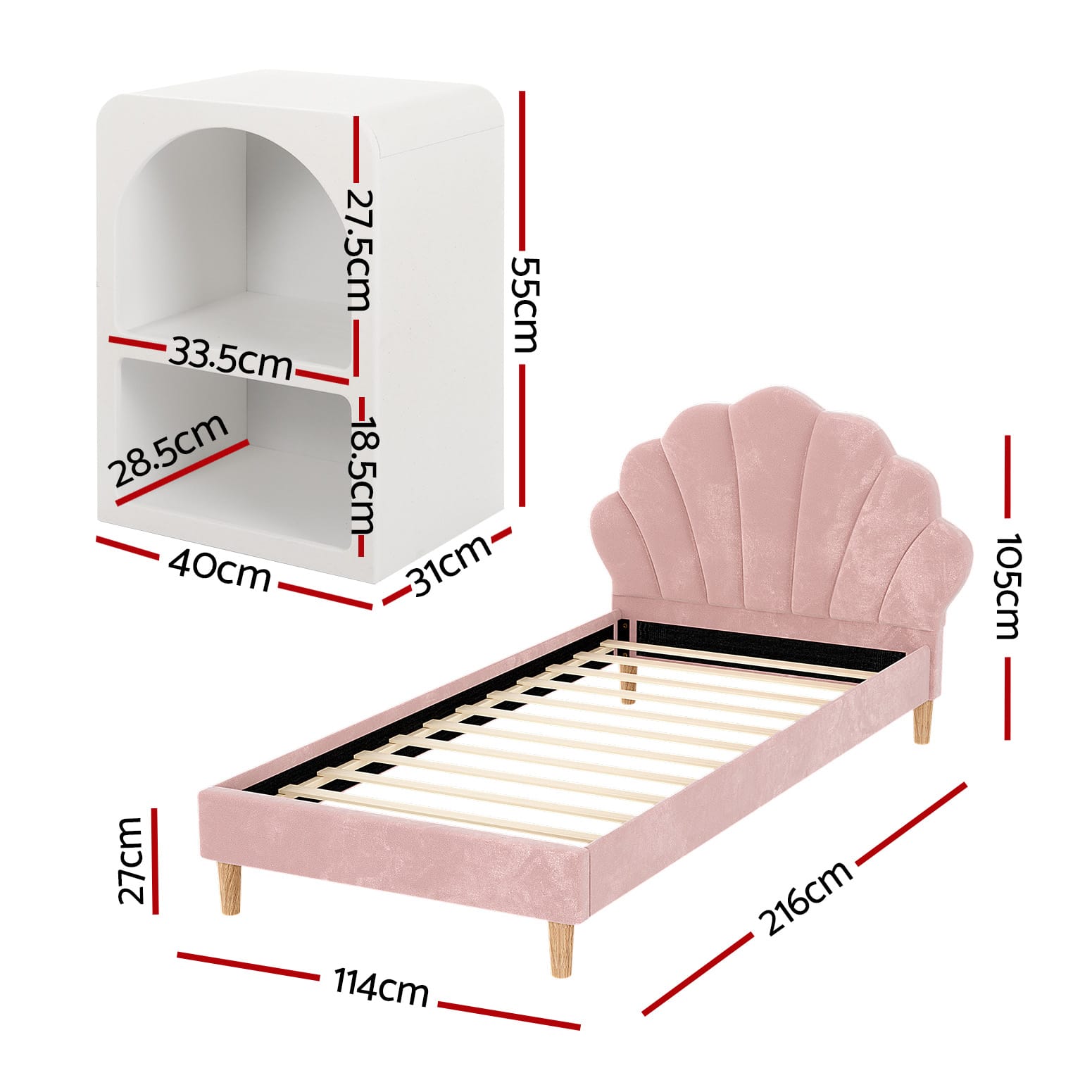 Pink bed frame 216x114x105cm, rear view
