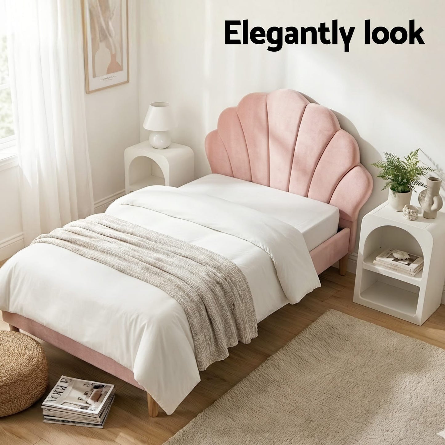 Pink bed frame 216x114x105cm, in room setting