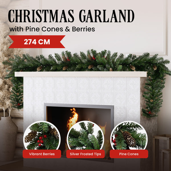  Christmas Garland with Pine Cones & Berries - 274cm