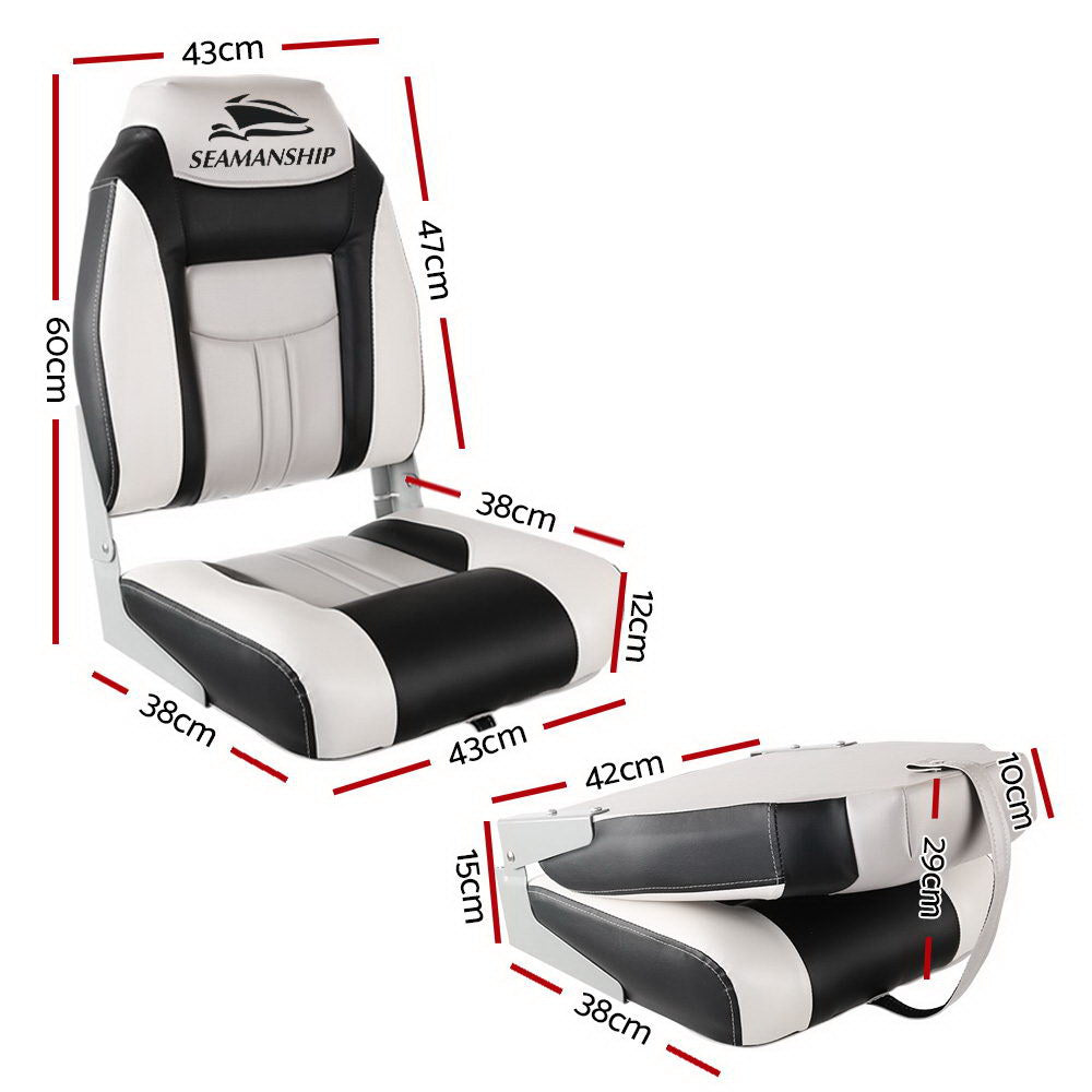 2X Folding Boat Seats Marine Seat Swivel High Back 12Cm Padding Grey