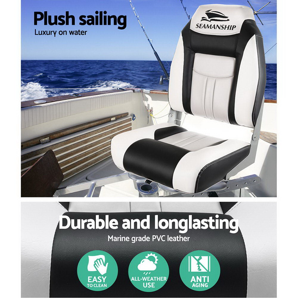 2X Folding Boat Seats Marine Seat Swivel High Back 12Cm Padding Grey