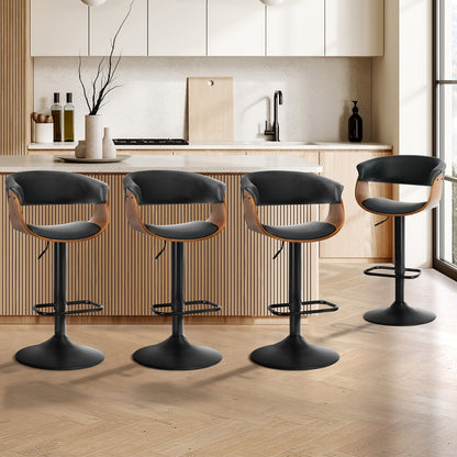 4x Bar Stools Gas Lift Armrest Leather Black